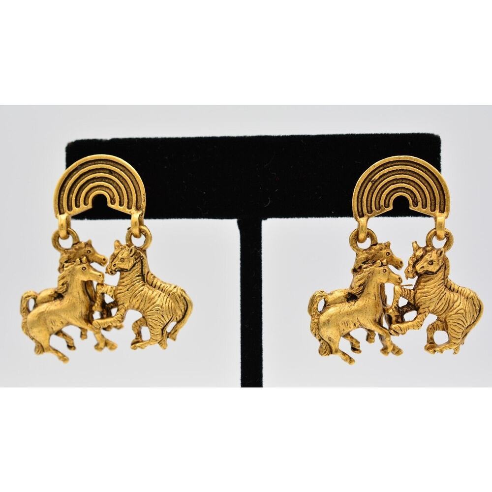 Vintage Rainbow Charm Earrings Dangle Horse Zebra Brushed Gold NOS 1980s BinA12